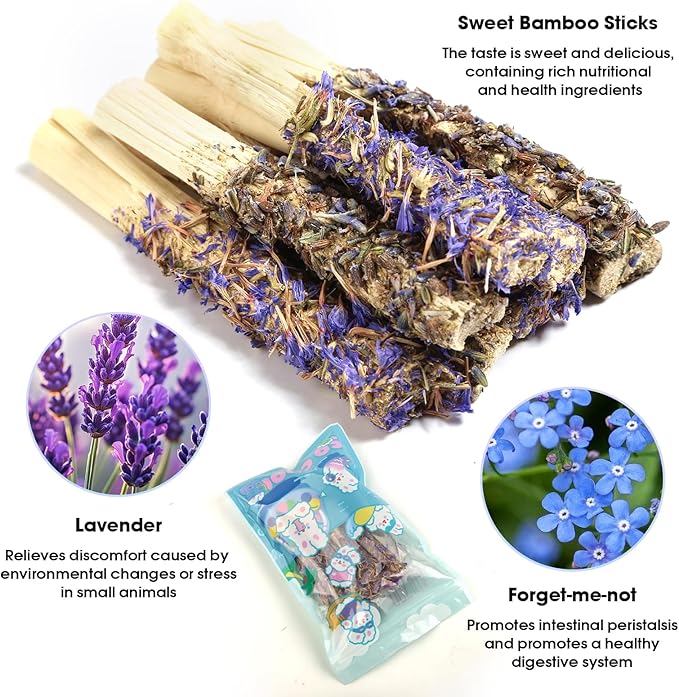 Abizoo Sweet Bamboo Rabbit Chew Sticks Treats and Toys 8Pcs Natural Hay with Forget-Me-Not Lavender for Bunny Guinea Pig Chinchilla Dental Care-PurrikoPets