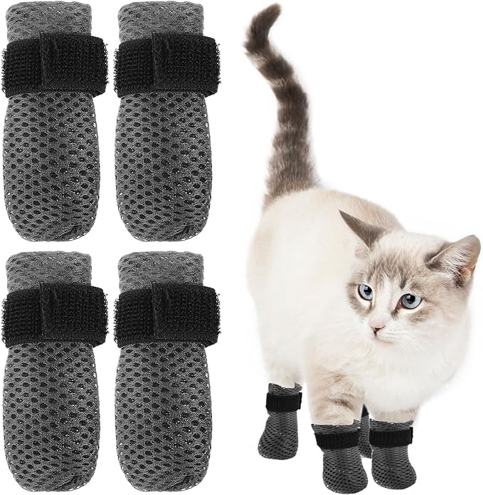 4Pcs Cat Shoes, 3.62×1.57 Inches Anti Scratch Cat Mittens, Breathable Mesh Nail Caps for Cats Claws, Adjustable Cats Claw Covers for Pet Bathing Feeding Cutting Nails(Gray)-PurrikoPets
