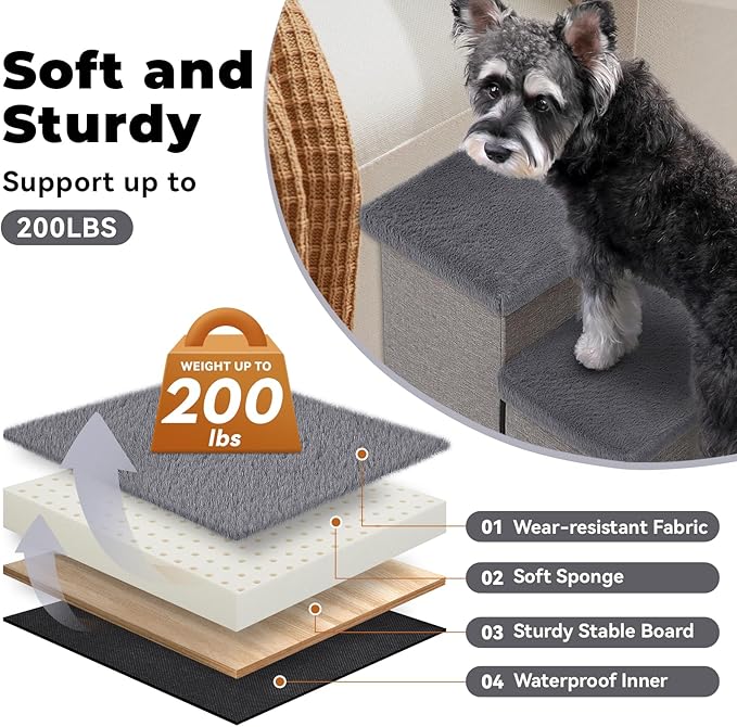 Dog Stairs with Furry Lids 18" H, 3-Step Wider Dog Steps with Storage for Small/Medium/Large Old Dogs Cats, Folding Sturdy Pet Stairs Climbing Bed Couch, Ramp for Car Hold Up to 200 lbs, Grey-PurrikoPets