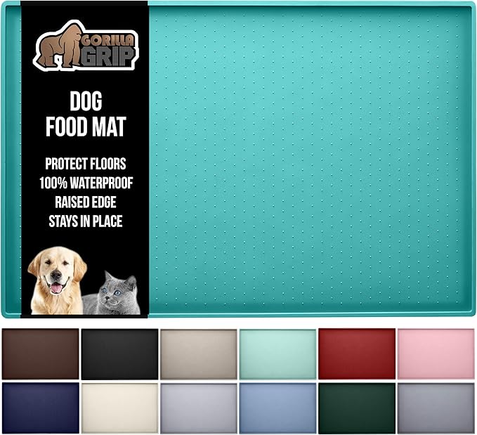 GORILLA GRIP 100% Waterproof Raised Edge BPA Free Silicone Pet Feeding Mat, Dog Cat Food Mats Contain Spills Protects Floors, Placemats for Cats and Dogs Water Bowl, Pets Accessories 23x15 Turquoise-PurrikoPets