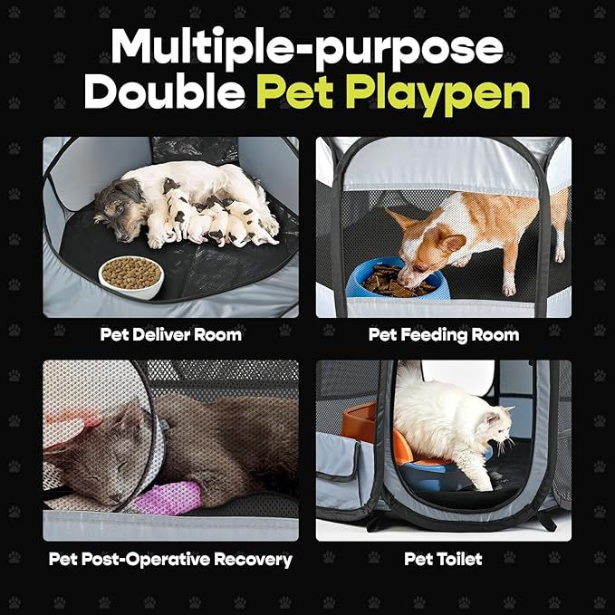 EighteenTek XLarge 2-in-1 Pop up Dog Playpen, Assembly-Free, with Leakproof Pet Pee Pads,Portable Foldable Cat Tent Enclosure Indoor Outdoors Puppy Kittens Small Animals Crates (L, 90" Lx45 Wx28 H)-PurrikoPets