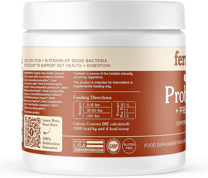 Fera Pets Probiotics for Dogs & Cats with Prebiotics - USDA Organic - Gut Health Powder Supplement with 12 Strains and 5 Billion CFUs - Supports Immunity, Energy and Skin & Coat - 60 Scoops-PurrikoPets