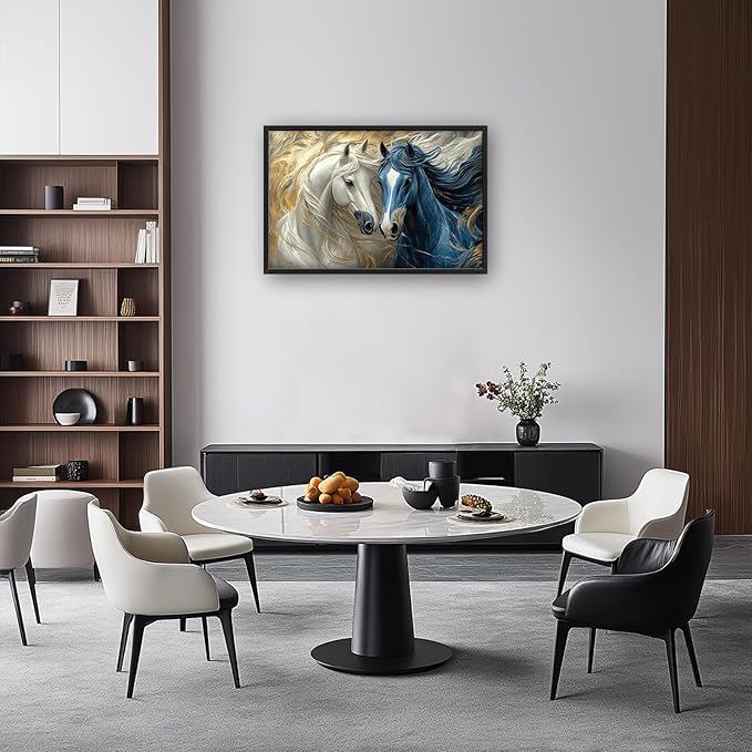 Framed Large Horse Wall Art for Living Room, Oversized Abstract Horses Wall Decor Blue and Golden Canvas Painting Animal Pictures Modern Artwork for Living Room Bedroom Office 36"x24"-PurrikoPets