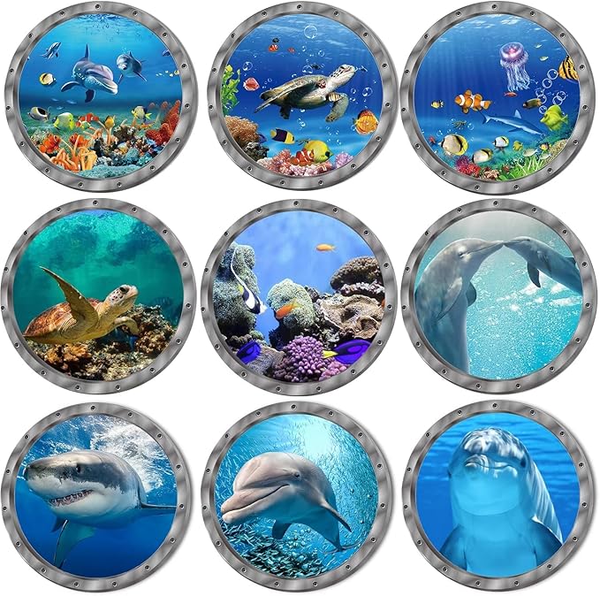 9PCS Ocean Animals World Under Sea Decor Sea Turtles Dolphins Fishes Sharks Coral Removable 3D Peel and Stick Vinyl Stickers-PurrikoPets