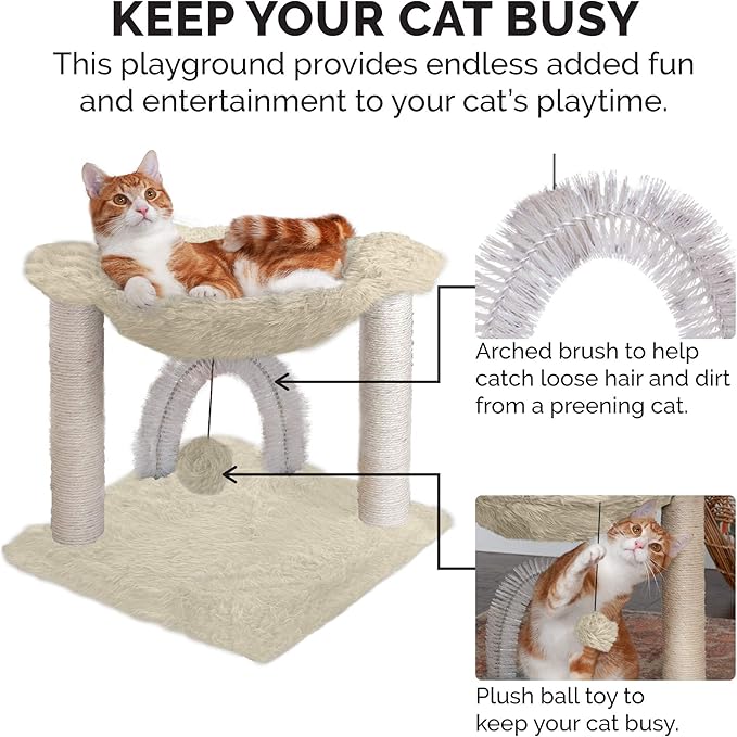 Furhaven 15.75" Tall Playground for Indoor Cats, Ft. Sisal Scratching Posts, Self-Grooming Brush, & Toy - Tiger Tough Hammock Interactive Playground - Cream, One Size-PurrikoPets