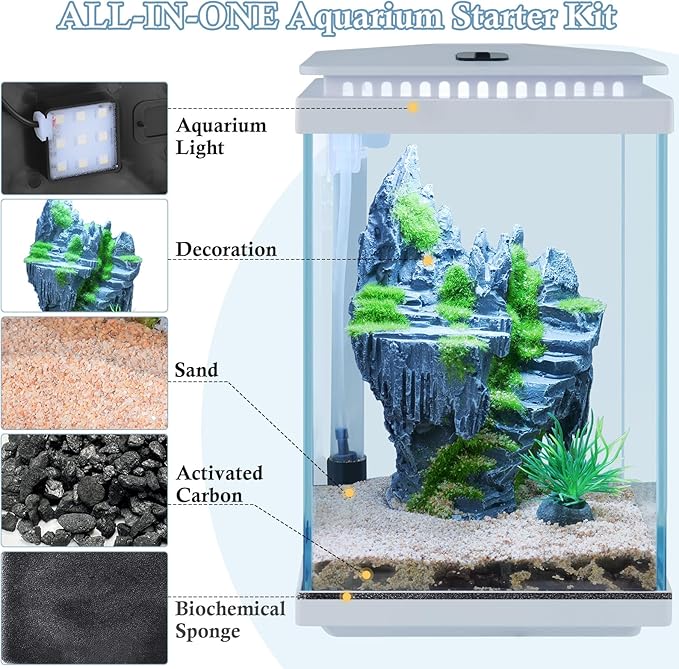 FEDOUR Small Glass Aquarium, 1 Gallon Desktop Fish Tank, Betta Fish Tank, Mini Aquarium Starter Kit with Air Pump LED Light Decoration Water Changer Fish Net (White)-PurrikoPets