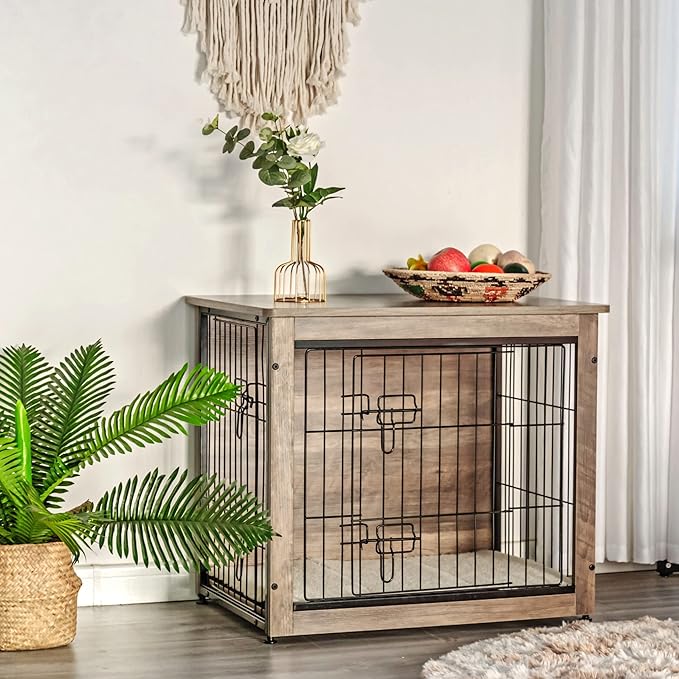 DWANTON Dog Crate Furniture with Cushion, Wooden Kennel Table with Double Doors, Indoor Dog House, Small/Medium/Large/Extra Large Size, 27.2" L, Greige-PurrikoPets