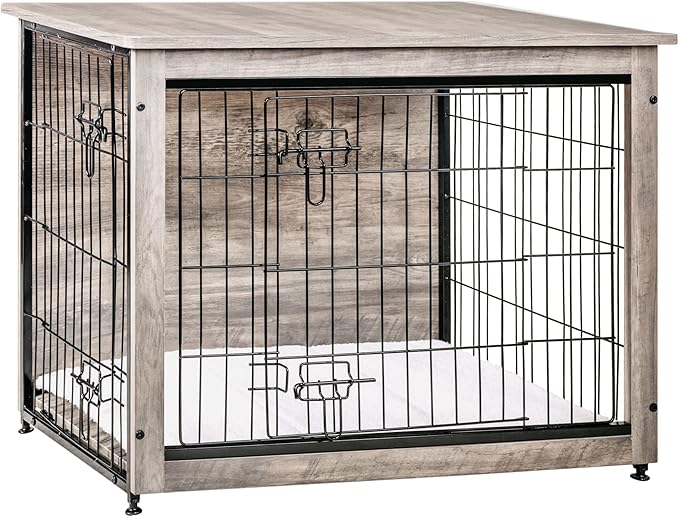 DWANTON Dog Crate Furniture with Cushion, Wooden Kennel Table with Double Doors, Indoor Dog House, Medium Size, 32.5" L, Greige-PurrikoPets