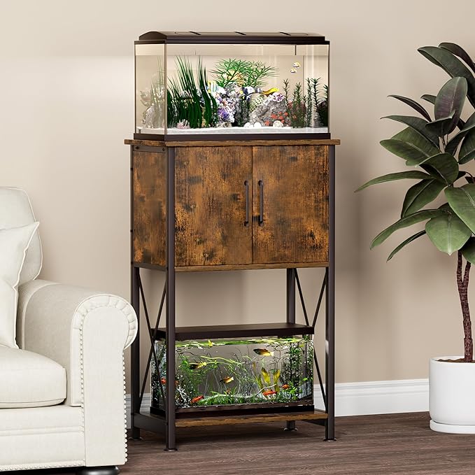5-10 Gallon Fish Tank Stand, Metal Double Aquarium Stand with Cabinet for Fish Tank Accessories Storage, Heavy Duty 20.5" L* 11.02" W Tabletop, 500LBS Capacity Rustic Brown and Black PG06YGN-PurrikoPets