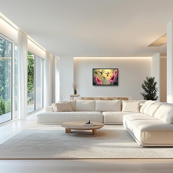 Framed Large Hummingbird Wall Art for Living Room, Oversized Rustic Bird Flower Wall Decor Floral Canvas Painting Nature Sunrise Pictures Modern Artwork for Bedroom Office Dinging Room 36"x24"-PurrikoPets