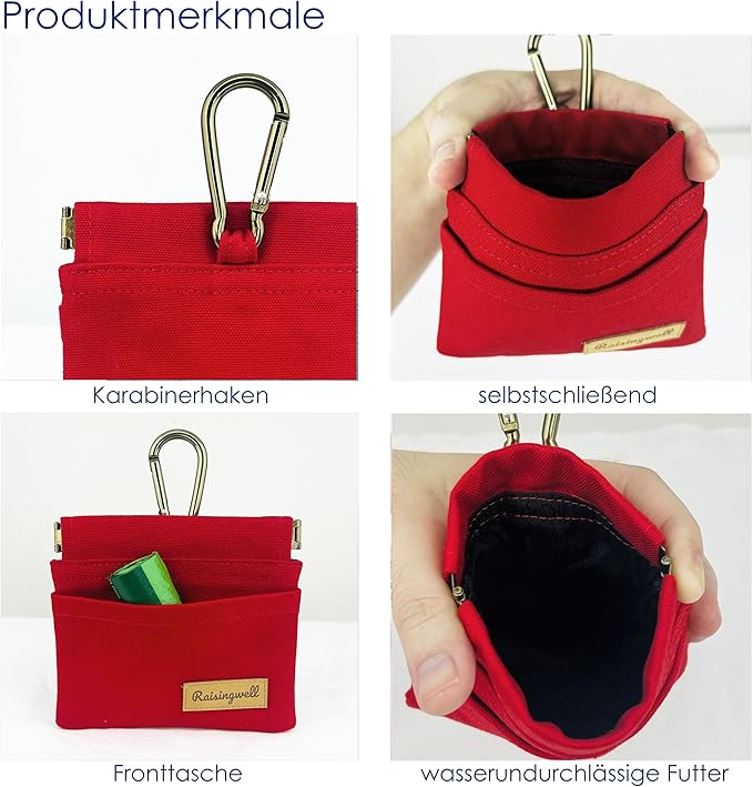 Dog Treat Pouch, Red Pocket Sized Pet Training Pouch, Cotton Fabric, Hand Free Dog Walking Bag with Carabiner, Self-Closing Pet Feed Snack Reward, for Puppy Travel or Outdoor Use-PurrikoPets