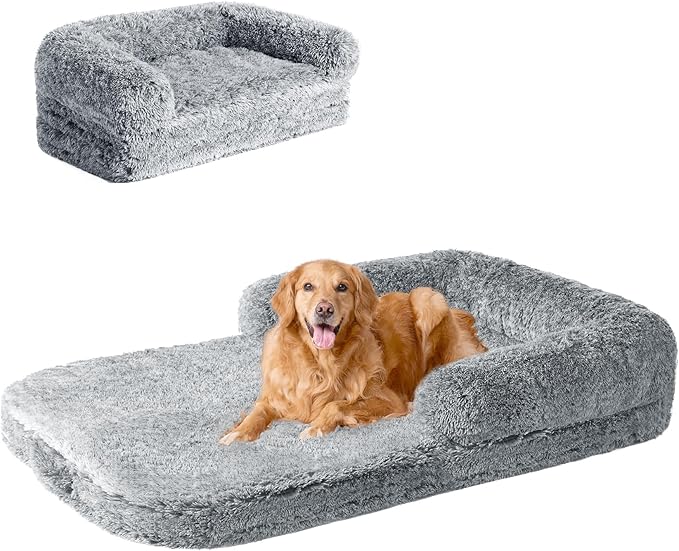 EHEYCIGA Human Dog Bed for Kids, Foldable XXL Dog Bed, Faux Fur Fluffy Pet Couch Bed, Orthopedic Calming Memory Foam Big Pet Bed, Washable Pet Sofa Bed with Non-Slip Bottom, Grey, 54"x38"x7.5"-PurrikoPets