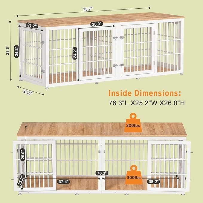 78 Inch Double Dog Crate Furniture, Heavy Duty Extra Large Cage Furniture with Divider for 2 Dogs, Decorative Wooden Kennel Furniture Indoor, Pet House for Large and Medium Dogs, White-PurrikoPets