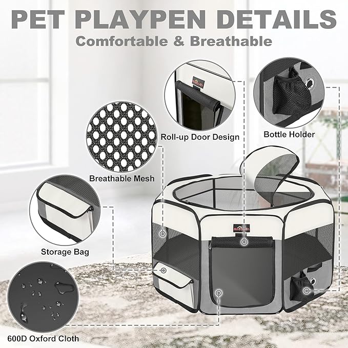 Aivituvin Dog Playpen Foldable Waterproof Pet Play Pens for Cat, Puppies, Rabbits, Chickens, Durable Portable Pet Tent for Travel Camping Indoor/Outdoor Grey XL-PurrikoPets