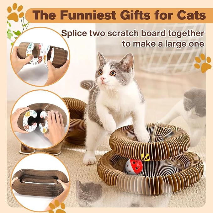 2 PCS Magic Organ Cat Scratcher Board with 6 Balls, Foldable Recyclable Accordion Cats Toy with Ball and Track Adventure, Cat Scratching Pad, Retractable Reversible Furniture Protector(Brown)-PurrikoPets