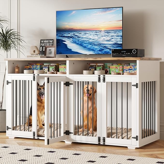 63'' Dog Crate Furniture for 2 Dogs, Wooden Dog Cage with Storage Compartment, Indoor Dog Kennel with 4 Doors for Large/Medium Dogs, White-PurrikoPets