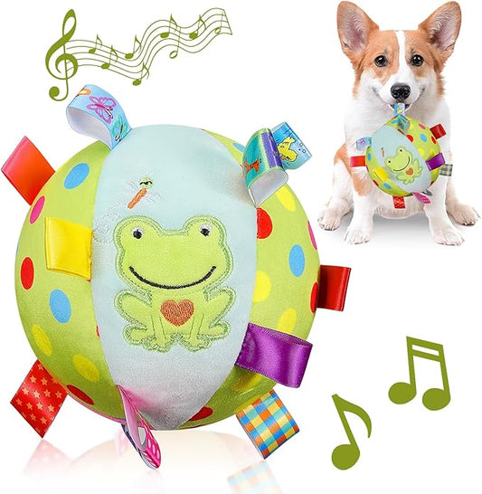 Dog Squeaky Plush Toy with Straps, 6-Inch Soft Stuffed Ball with Cotton Material and Bell Built-in, Pet Interactive Fetch Toy for Small to Large Dog-PurrikoPets