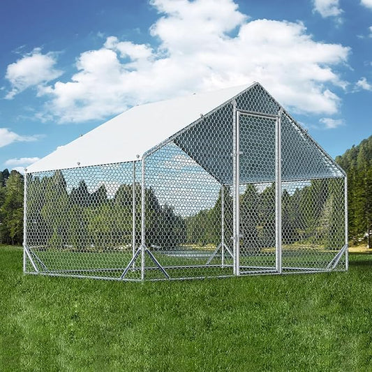 4ever2buy Large Metal Chicken Coop with Run Walk-in Poultry Cage Chicken Runs House Pen Cage Spire Roofed Chicken Coops with Anti-Ultraviolet Cover for Outdoor Backyard Farm Use 9.8’L x 6.6’W x 6.4’H-PurrikoPets