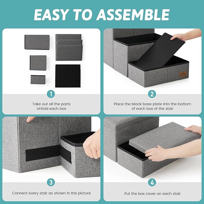 Dog Stairs with Storage, 3-Step Wider Sturdy Dog Steps for Small/Medium/Large Dogs and Older Cats, Folding Doggie Ramp for Bed/Couch/Car Hold Up to 180 lbs (16.7" H, Grey)-PurrikoPets