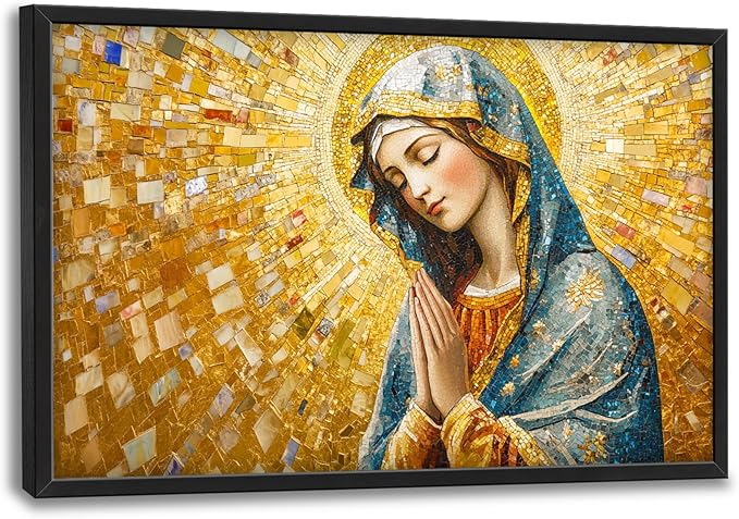 Extra Large Virgin Mary Framed Wall Art for Living Room,Oversized Golden Christian Religious Pictures Wall Decor,Canvas Print Painting Modern Artwork Bedroom Office Bathroom 36L" x 24W"-PurrikoPets