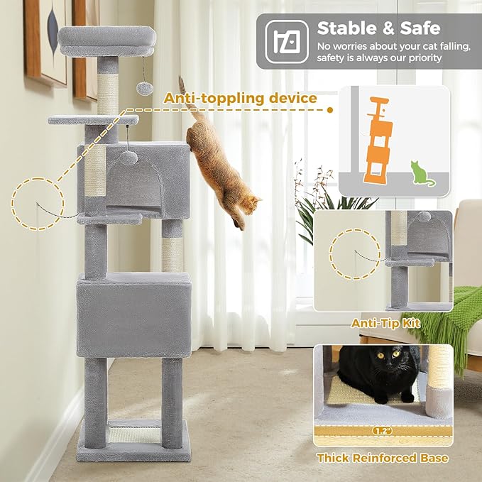 62-Inch Cat Tree for Indoor Cats, Large Cat Tower with Scratching Posts for Large Cats, 2 Bigger Plush Condos, Padded Platform, Soft Cat Bed and Scratching Pad, 2 Pompoms, Gray-PurrikoPets