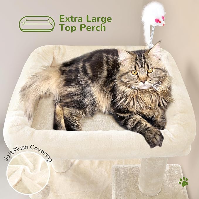 Globlazer Cat Tree Tower for Indoor Cats, 50-inch Adult Cat Tree House for Large Adult Cats with Steps, Scratching Post, 2 Cat Caves, Dangling Toys, FC50, Beige-PurrikoPets