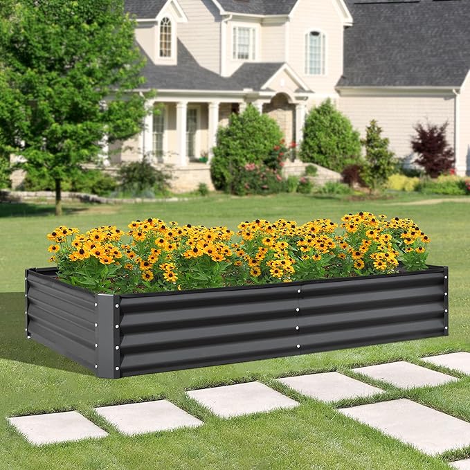 Domi Galvanized Raised Garden Bed, 6x3x1Ft Thickening Metal Planter Box for Vegetables Bottomless for Backyard Outdoor, 1" Deep w/ 128 Gallon Capacity - Dark Gray-PurrikoPets
