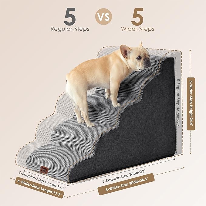 EHEYCIGA Curved Dog Stairs Ramp for High Beds, 5-Step Extra Wide Dog Steps for Small Dogs and Cats, Pet Stairs for High Bed Climbing, Non-Slip Balanced Pet Step Indoor, Grey-PurrikoPets