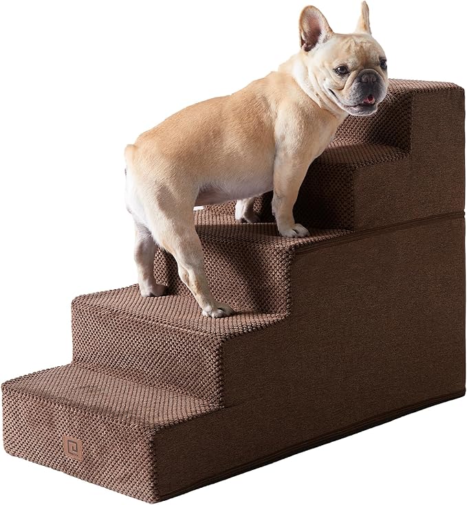 EHEYCIGA Dog Stairs for High Bed 22.5" H, 5-Step Dog Steps for Bed, Pet Steps for Small Dogs and Cats, Non-Slip Balanced Pet Ramp Indoor, Brown-PurrikoPets
