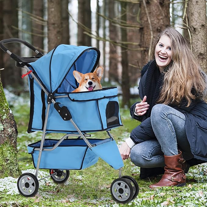 Dog Stroller,3 Wheels Travel Folding Pet Stroller for Small Medium Dog Cat Jogger Stroller with Storage Basket Removable Liner Blue-PurrikoPets