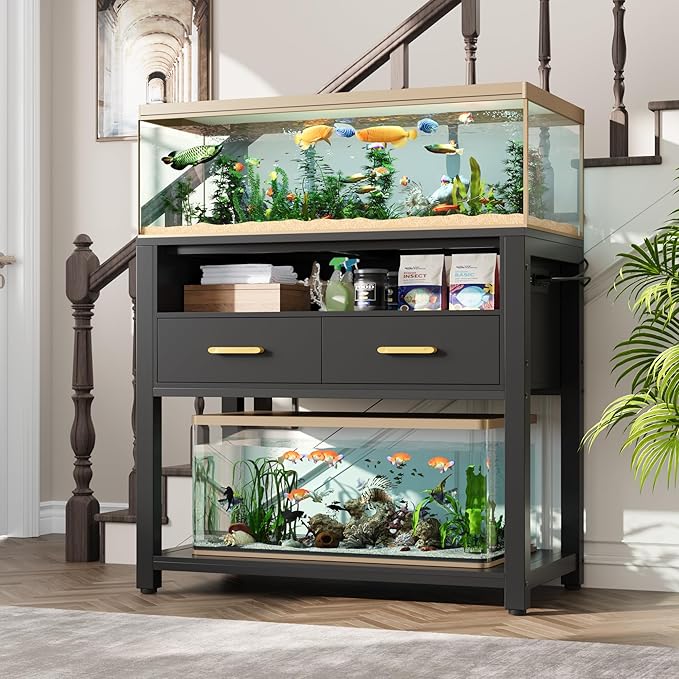 40-50 Gallon Aquarium Stand with Stable Metal Frame & Power Outlet, Heavy-Duty Fish Tank Stand with Waterproof Mat, 800LBS Capacity Storage Cabinet, Suitable for Turtle Tank, Reptile Terrarium, Black-PurrikoPets