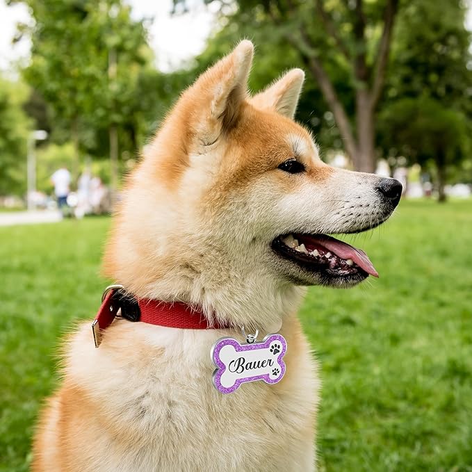 Dog Tags Personalized for Pets Dog Name Tags Personalized Dog Tag Engraved with Any Name & Text Custom Dog ID Tags Glitter Bone ID Tag for Puppy Cat (Purple L, Bone)-PurrikoPets