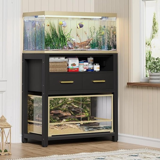 20-29 Gallon Aquarium Stand with Power Outlet & 2 Storage Drawers, Heavy Duty Metal Frame Fish Tank Stand with Waterproof Mat, 30.7" L*15.7" W Tabletop, 550LBS Capacity, Black-PurrikoPets
