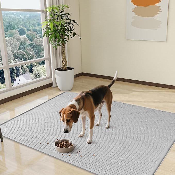 Dog Food Mat, Extra Large 50" x 35" Silicone Pet Feeding Mat with Raised Edge Pet Placemat for Small, Medium, and Large Pets Non-Slip, Easy to Clean (Grey)-PurrikoPets