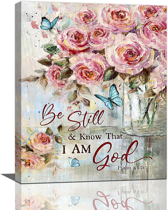 Farmhouse Rose Wall Art Christian Scripture Pictures Pink Rose Wall Decor Rustic Floral Butterfly Canvas Print Painting Artwork for Bathroom Living Room Bedroom 16"x20"-PurrikoPets