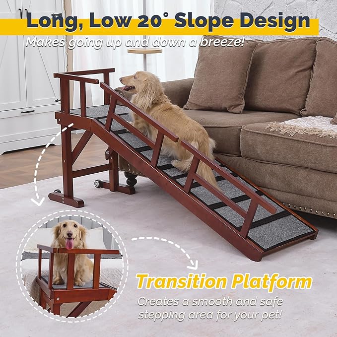 Dog Ramp for Bed or Couch, Wooden Pet Ramp with 20° Gentle Slope, Removable Side Rails, Non-Slip Surface, Top Platform & Wheels, Safe Bed Ramp for Small, Medium & Senior Dogs, 60" Long, Mahogany-PurrikoPets