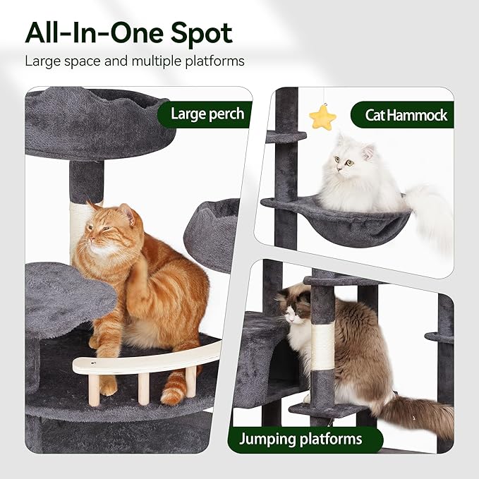 85in Giant Cat Tree for Heavy Duty Big Cats, Large Cat Trees with Scratching Post, Cat Tree Tower with Cat Condos, Hammock & Plush Perch for Maine Coon, Smoky Gray-PurrikoPets