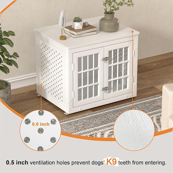 26" Heavy Duty Dog Crate Furniture for Small Dogs, Metal Kennel for High Anxiety Dogs, Chew Proof Pet Cage Indoor, Decorative Dog Kennel End Table, White-PurrikoPets