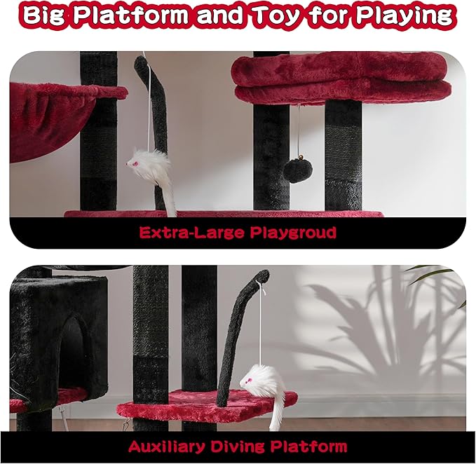Gothic Cat Tree, Cat Tower for Large Cats with 2 Big Platforms, 2 Baskets, condo and Toys, 63" Cat Scratching Posts for Indoor Cats, Black and red GCT020BR-PurrikoPets
