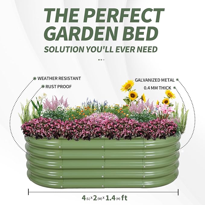 1MORE Galvanized Raised Garden Bed- Planter Garden Boxes Outdoor, Raised Beds for Gardening, 4x2x1.4ft Metal Garden Bed Kit for Vegetables Flower, Planter Raised Bed with Protective Tape & Tools.Green-PurrikoPets