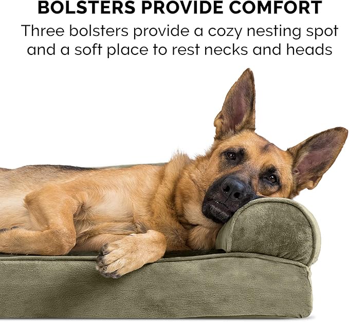 Furhaven Cooling Gel Dog Bed for Medium/Small Dogs w/ Removable Bolsters & Washable Cover, For Dogs Up to 35 lbs - Faux Fur & Velvet Sofa - Dark Sage, Medium-PurrikoPets