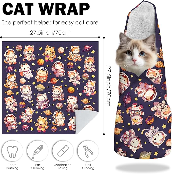 27.6" Cat Grooming Wrap, Self Adhesive Cat Wrap for Cutting Nails, Anti-Escape Calming Cat Swaddle Wrap for Medicine Ear Cleaning, Anti-Scratch Cats Burrito Restraint Blanket, Practical Pet Tool-PurrikoPets