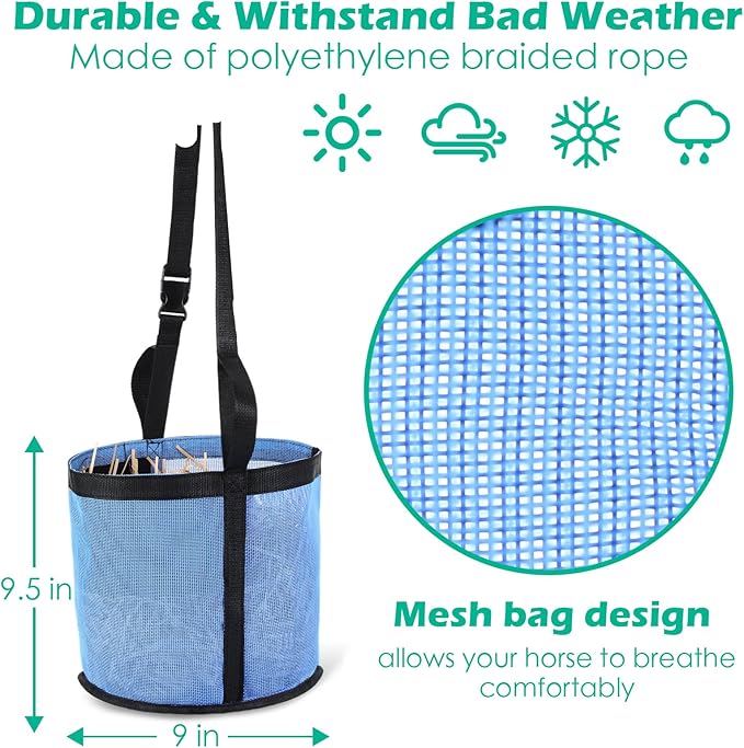 2 Pcs Horses Feed Horse Bag for Grain Hay Bags Heavy Duty Mesh Horse Feeder with Adjustable Strap Comfort Neck Pad Nose Pad and Waterproof Bottom Muzzle(Blue)-PurrikoPets