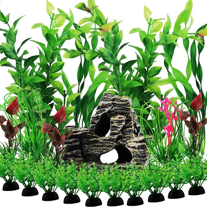 Fish Tank Accessories Aquarium Decorations Rock Plants, 20pcs Green Fish Tank Decorations Plants and Cave Rock Decoration Decor Set, Fish Tank Decor, Aquarium Decor Plastic Plants-PurrikoPets