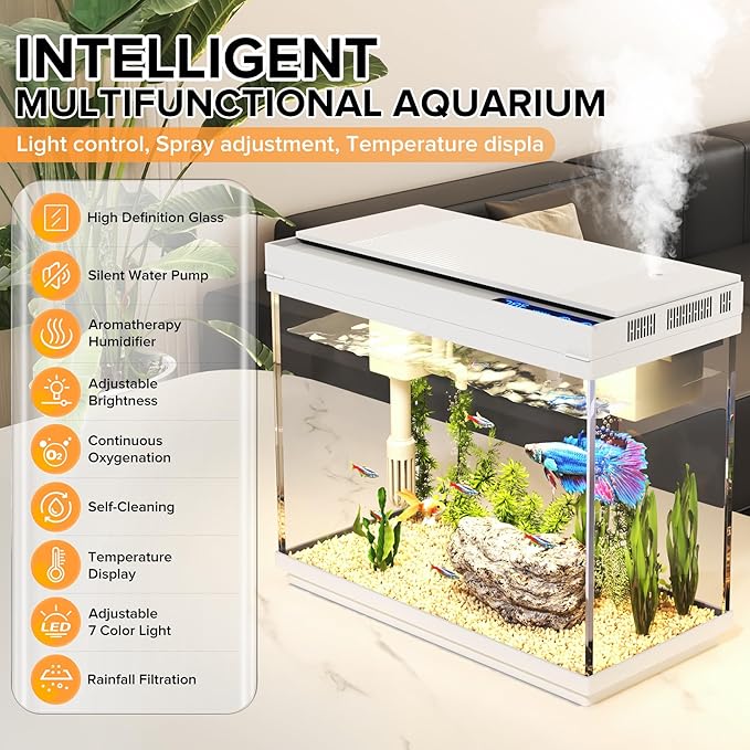 Fish Tank 2.4 Gallon Aquarium Kit with Humidifier 7-Color Auto-Looping 3 in 1 Quiet Pump with Filteration & Oxygenation & Circulation, Temperature Display, HD Glass-PurrikoPets