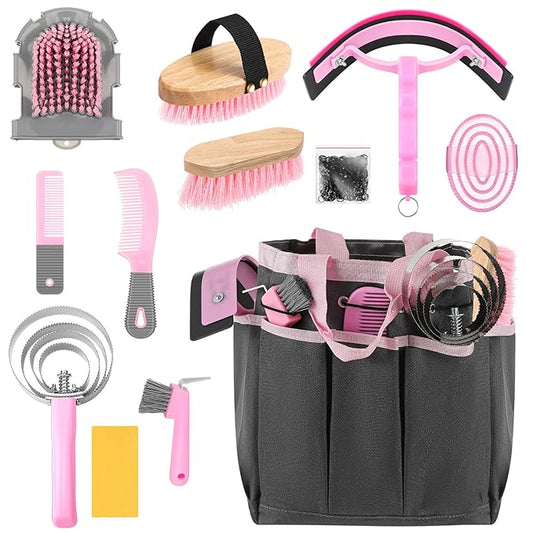 Abbylike 12 Pieces Horse Grooming Kit with Organizer Tote Bag Tack Room Supplies Horse Brush Sets Equine Care Cleaning Kit Shedding Grooming Massaging Tools(Pink and Grey)-PurrikoPets