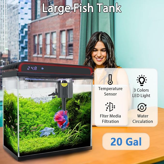 20 Gallon Fish Tank, Large Smart Aquarium with Self-Cleaning Pump 3 Color Lights Water Temperature Detection System, Smart Fish Tank for Betta Shrimp Guppy Goldfish Beta, Home Decor Gift with Tank-PurrikoPets
