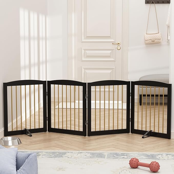 Freestanding Pet Gate for Dogs, Foldable Wooden Dog Gate for House, Indoor Dog Gate for Stairs, Doorways, Step Over Pet Puppy Safety Fence, 80 Inch Wide, 4 Panels 24", Black & Gold-PurrikoPets