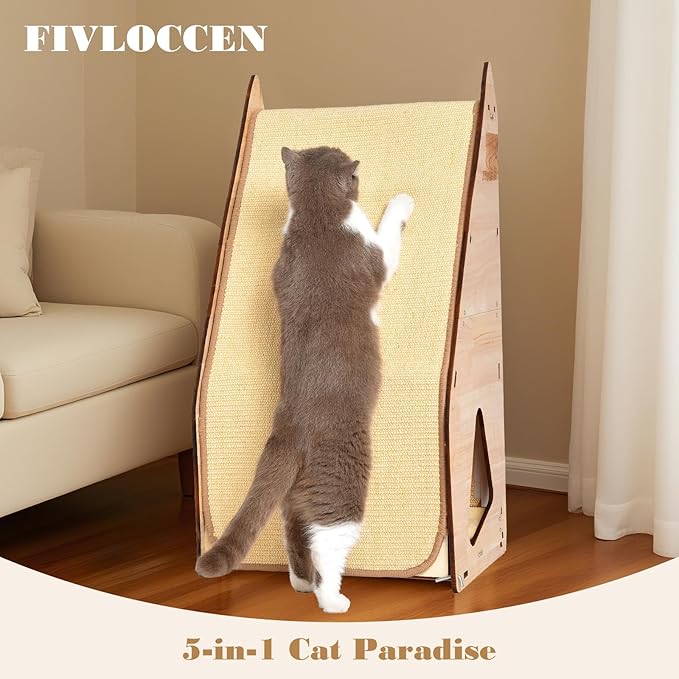24in Multi-Functional Cat Furniture: Sisal Scratching Posts & Sturdy 3D Wood Frame for Indoor Cats, Integrated Cat Condo Hideout Tunnel All-in-One Space Saver for Multi-Cat & Budget-Friendly-PurrikoPets
