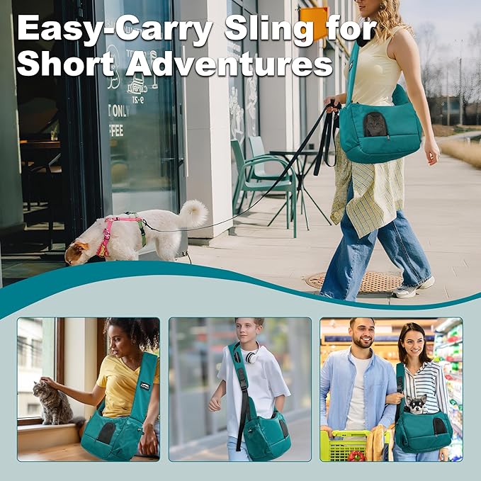 Dog Sling Carrier for Small Pets, Hands-Free Cat Carrier Pouch up to 8.8 lb, Cat Sling with Safety Strap and Pockets, Ideal for Travel and Daily Use, Peacock Blue-PurrikoPets